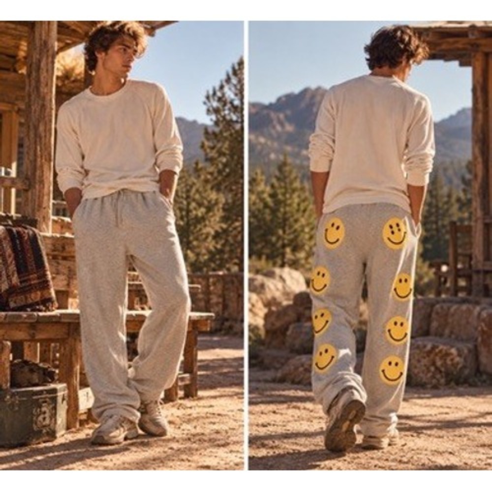 Kapital K1902LP234 Smiley Face Print Sweatpants Heather Gray Mens Size 4
